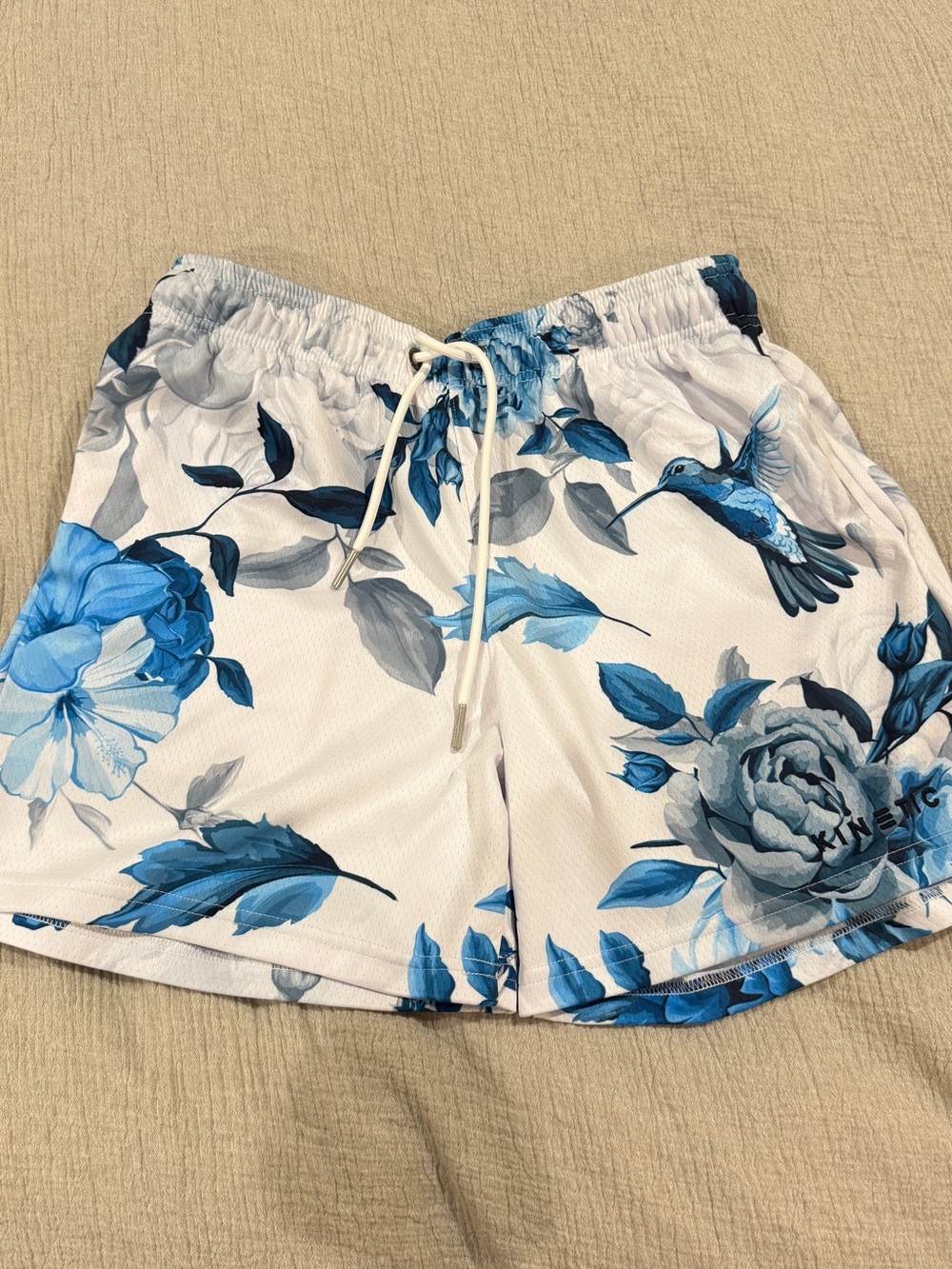 Men's kinetic White Athletic Shorts with Blue Floral Print